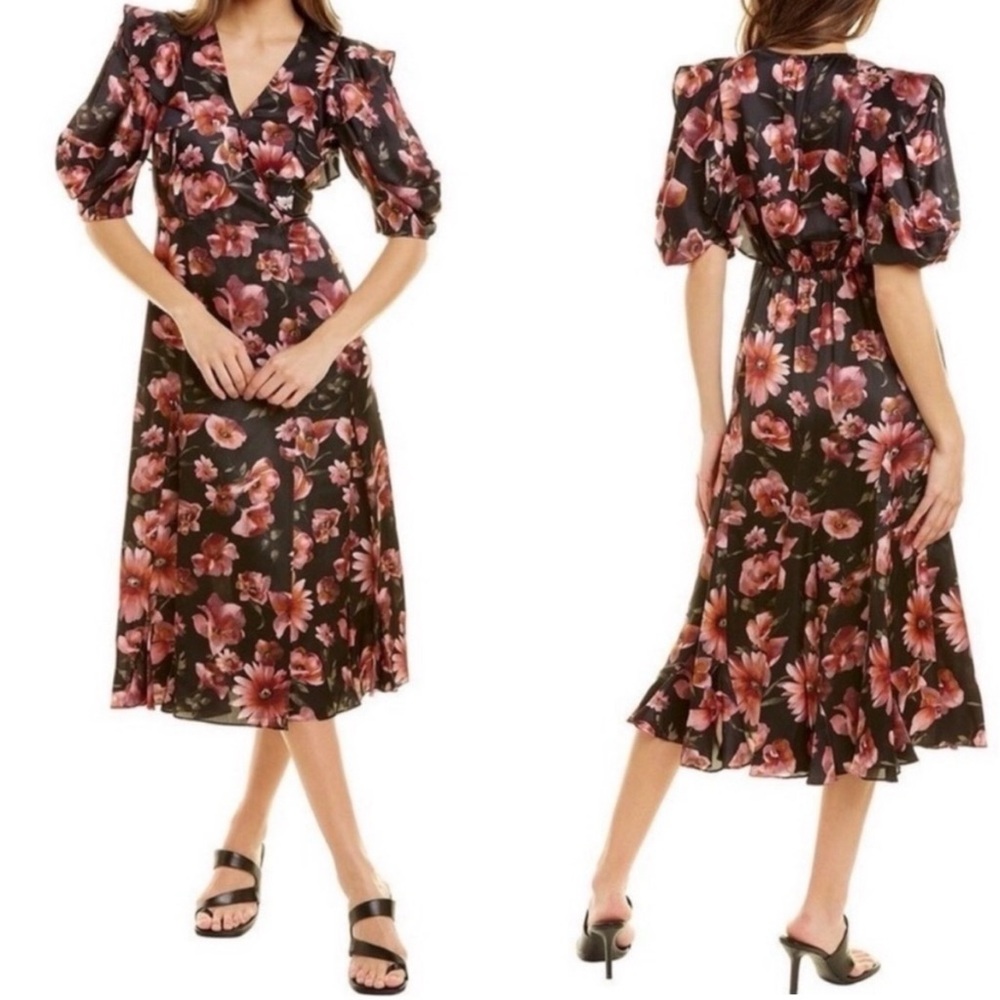 The kooples 100% silk floral print puff sleeve midi dress